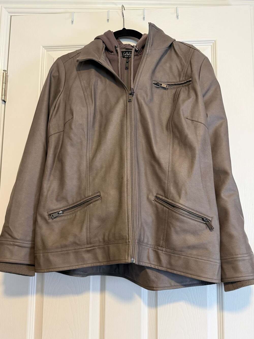 CoffeeShop New York Women's Plus Size 1X Faux Leather Hooded Moto Jacket Brown
